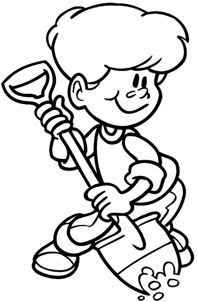 Little boy with shovel vinyl sticker. Customize on line. Gardening 045-0197